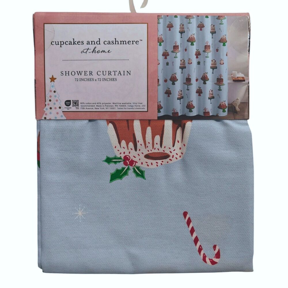 NEW Cupcakes and Cashmere Christmas Shower Curtain Gingerbread Cake Candy Cane